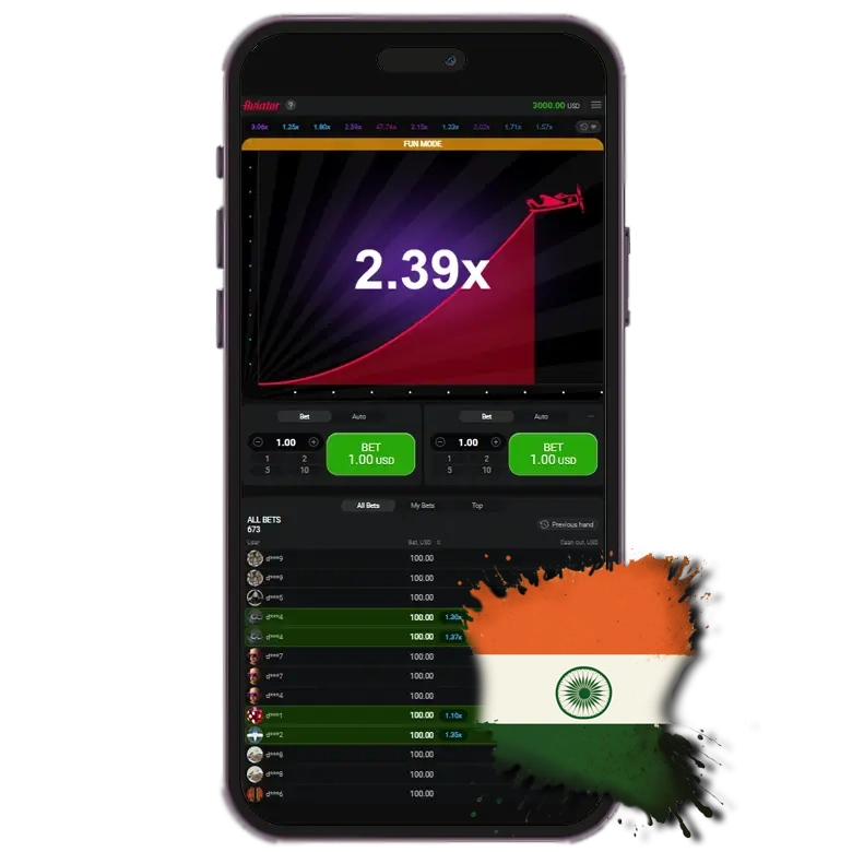 Phone par Bharat ka jhanda, aur phone ke screen par Aviator game ka menu dikh raha hai